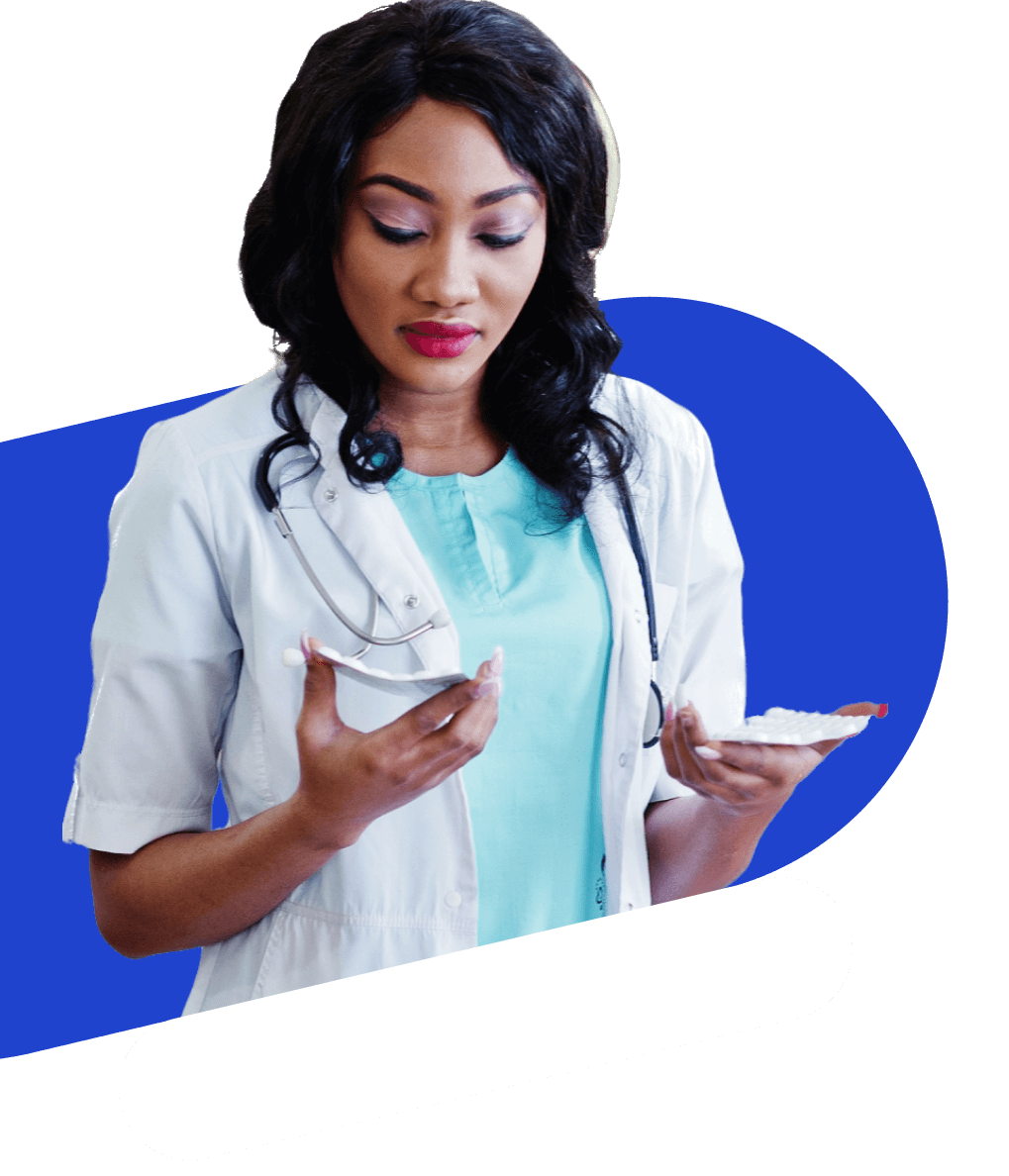 female pharmacist checking prescription
